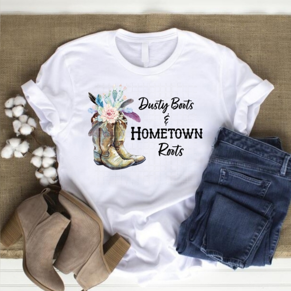 Cactus Moon Graphic Tee - "Dusty Boots & Hometown Roots" - various sizes